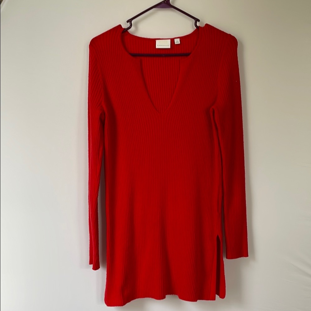 Anthropology Red V-Neck Ribbed Merino wool blend Sweater Dress